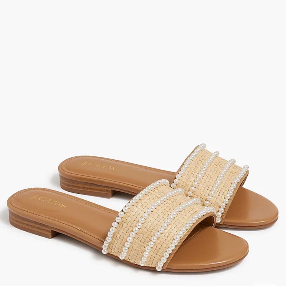 J.Crew Factory Raffia & Pearl Slide Sandals